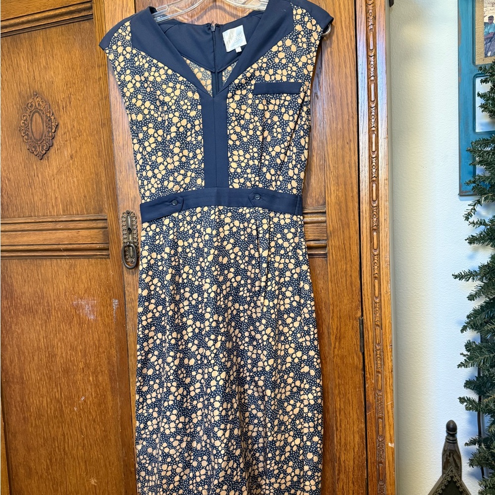 Karen Walker Navy and Cream Patterned Midi Dress